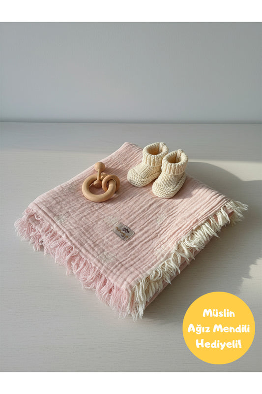2 Kat Jakarlı Müslin Bebek Battaniyesi [Renk: Pembe]