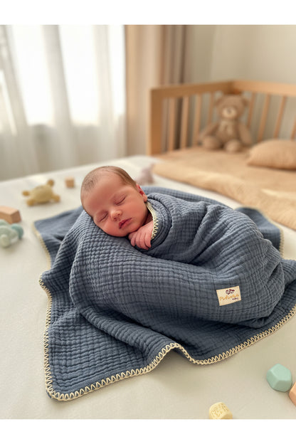 4 Katlı Çoban Dikişli Müslin Bebek Battaniyesi [Renk: İndigo]