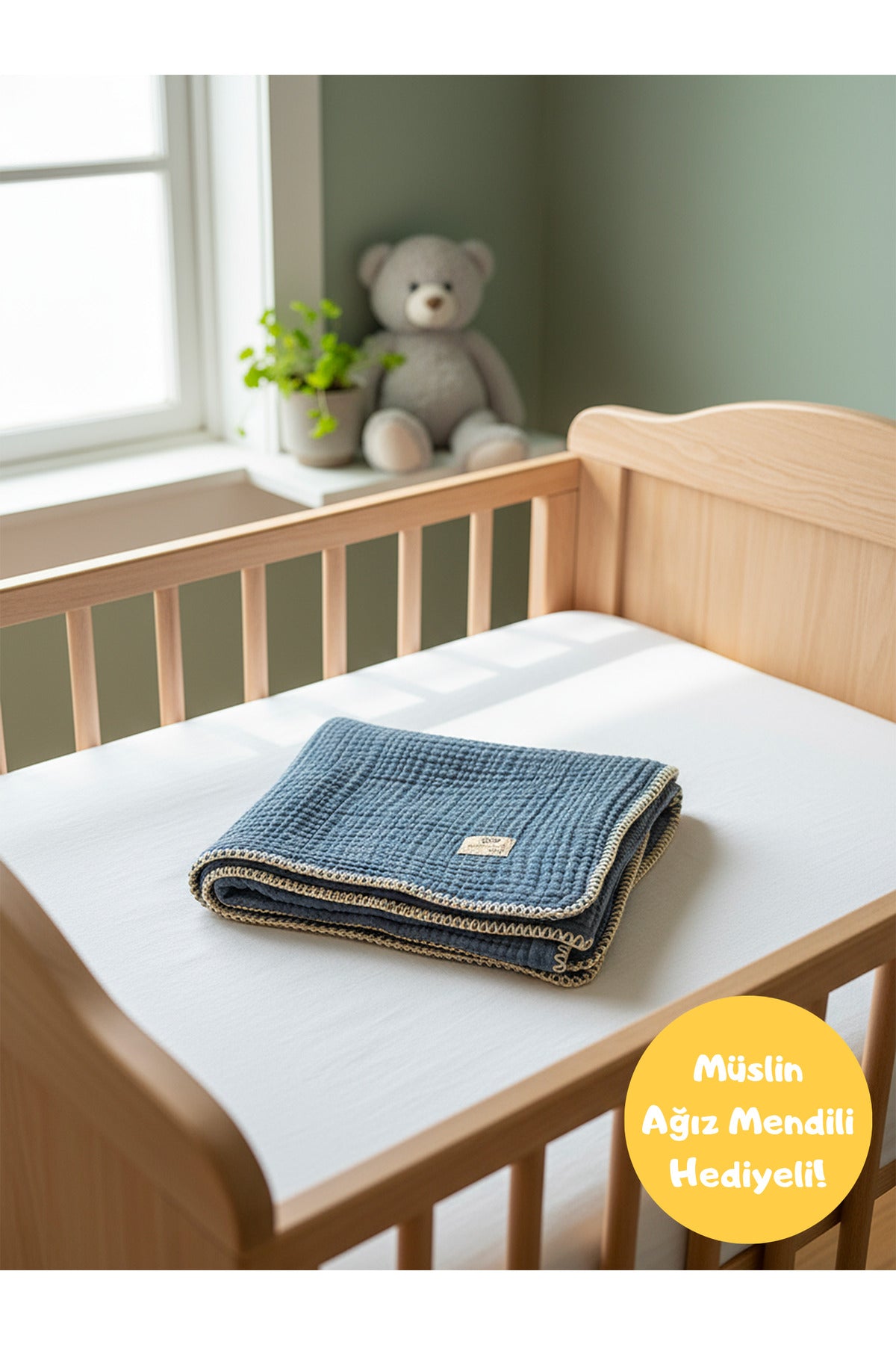 4 Katlı Çoban Dikişli Müslin Bebek Battaniyesi [Renk: İndigo]