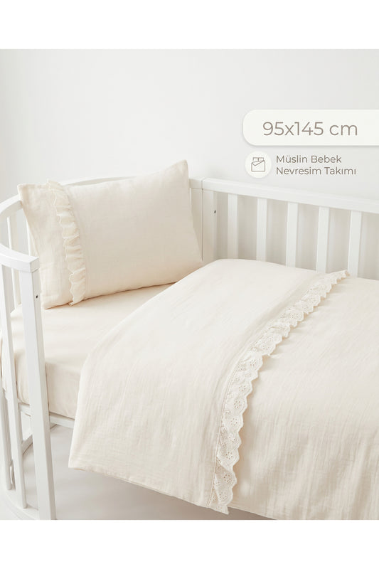 Fistolu Müslin Bebek Nevresim Takımı [Renk: Ekru]