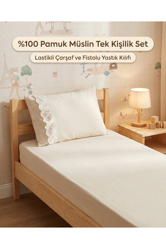 Müslin Lastikli Tek Kişilik Çarşaf Seti 90x190 cm [Renk: Ekru]