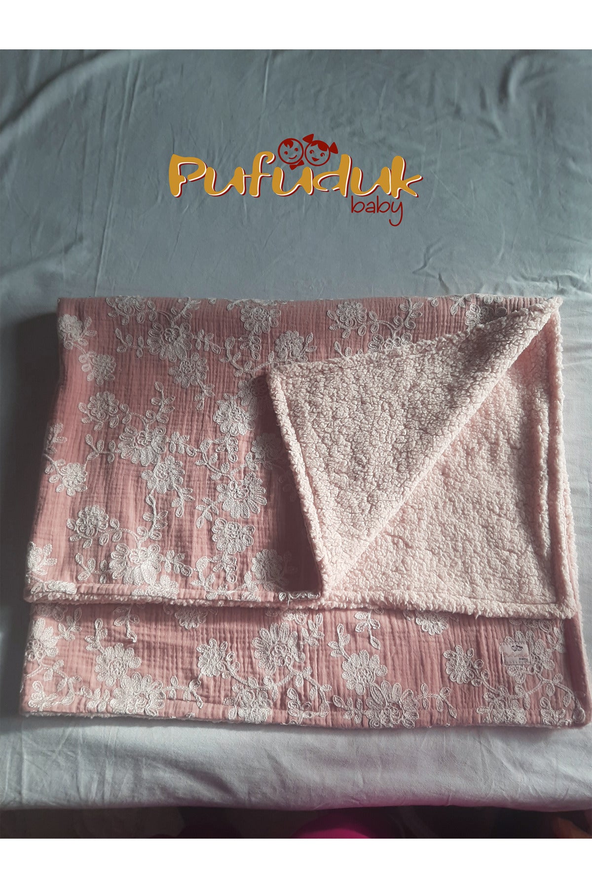 Brode Nakışlı İçi Kürklü Müslin Bebek Battaniyesi [Renk: Pembe]