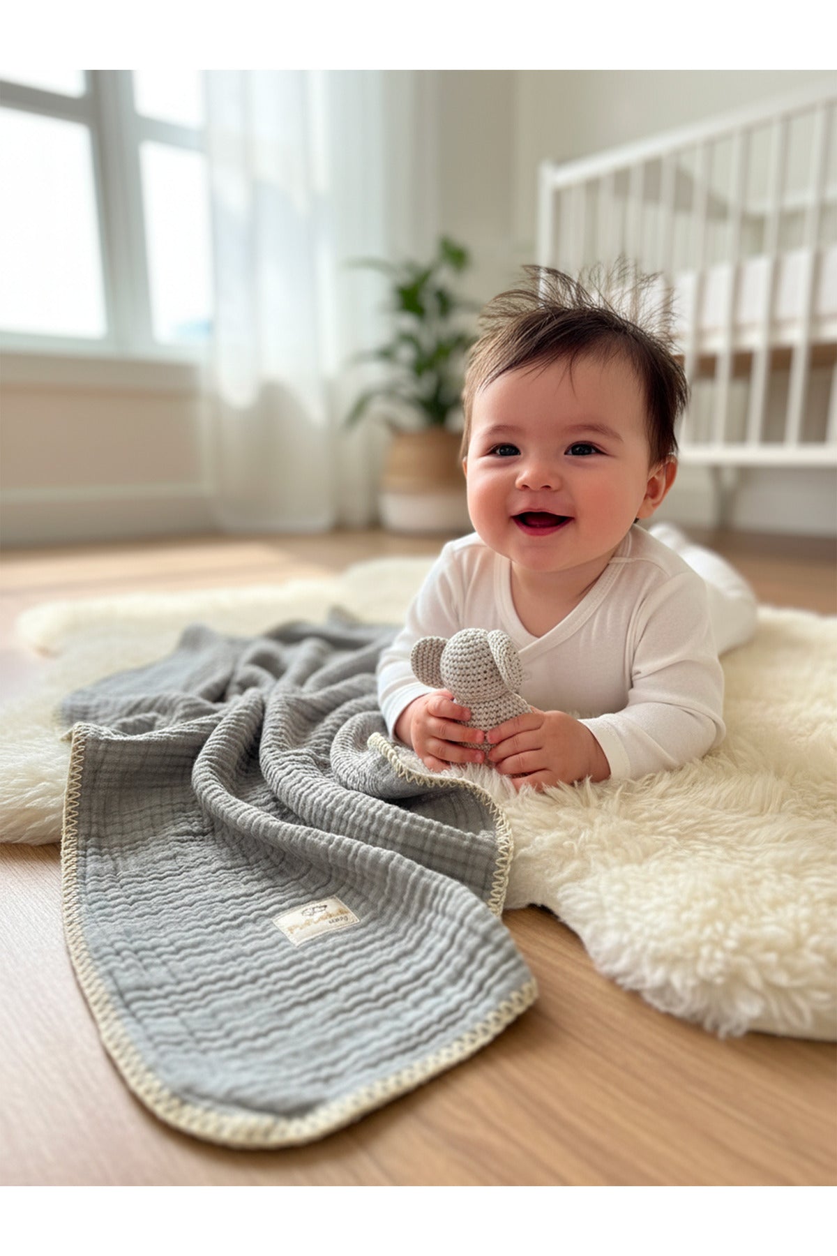 4 Katlı Çoban Dikişli Müslin Bebek Battaniyesi [Renk: Gri]