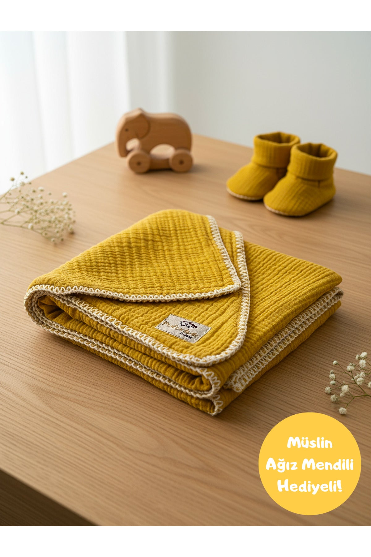 4 Katlı Çoban Dikişli Müslin Bebek Battaniyesi [Renk: Hardal]