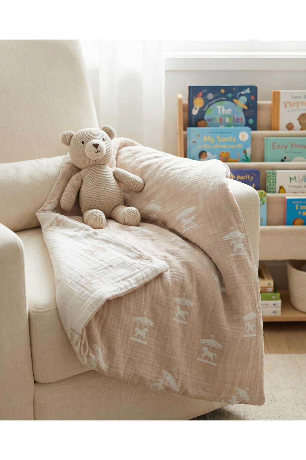 %100 Pamuk Müslin Bebek Nevresim Takımı 3'lü Set Atlıkarınca Desenli