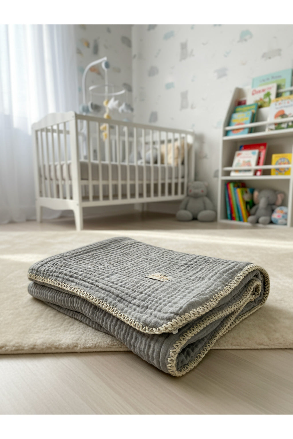 4 Katlı Çoban Dikişli Müslin Bebek Battaniyesi [Renk: Gri]