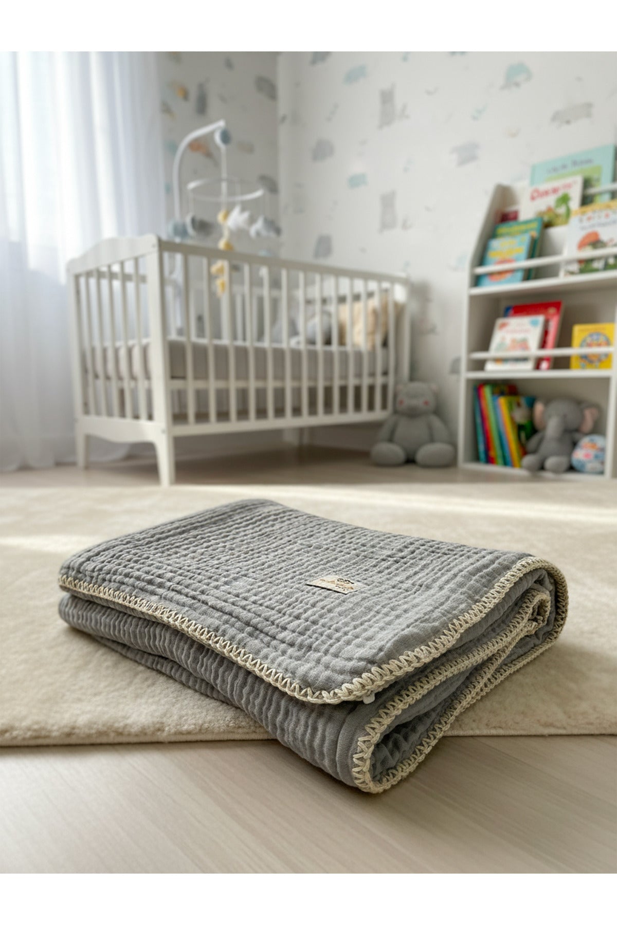4 Katlı Çoban Dikişli Müslin Bebek Battaniyesi [Renk: Gri]