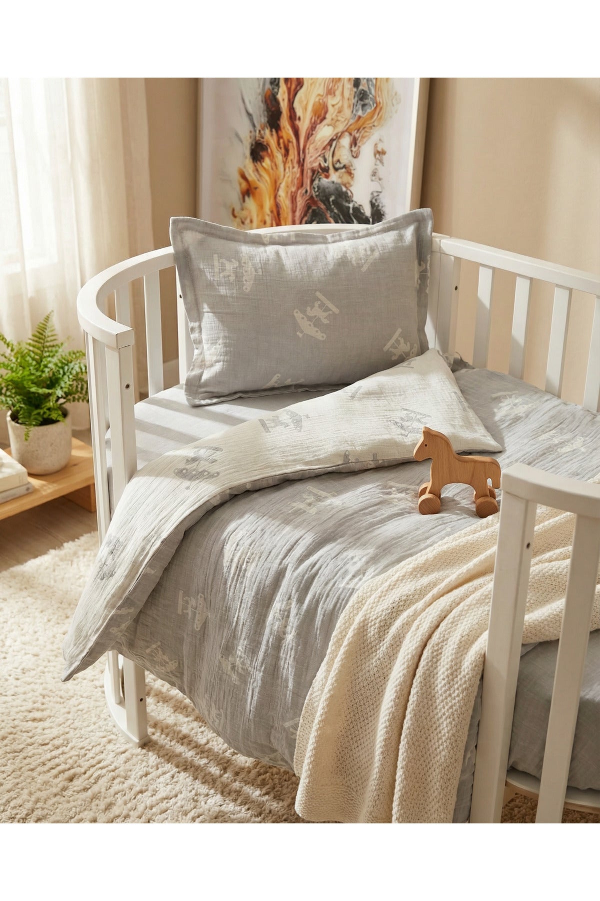 %100 Pamuk Müslin Bebek Nevresim Takımı 3'lü Set Atlıkarınca Desenli