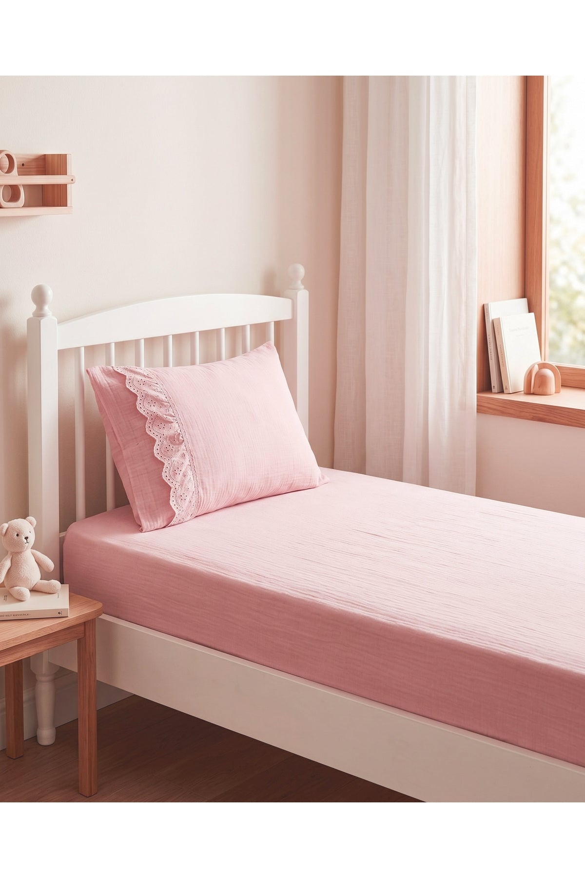 Müslin Lastikli Tek Kişilik Çarşaf Seti 90x190 cm [Renk: Pembe]