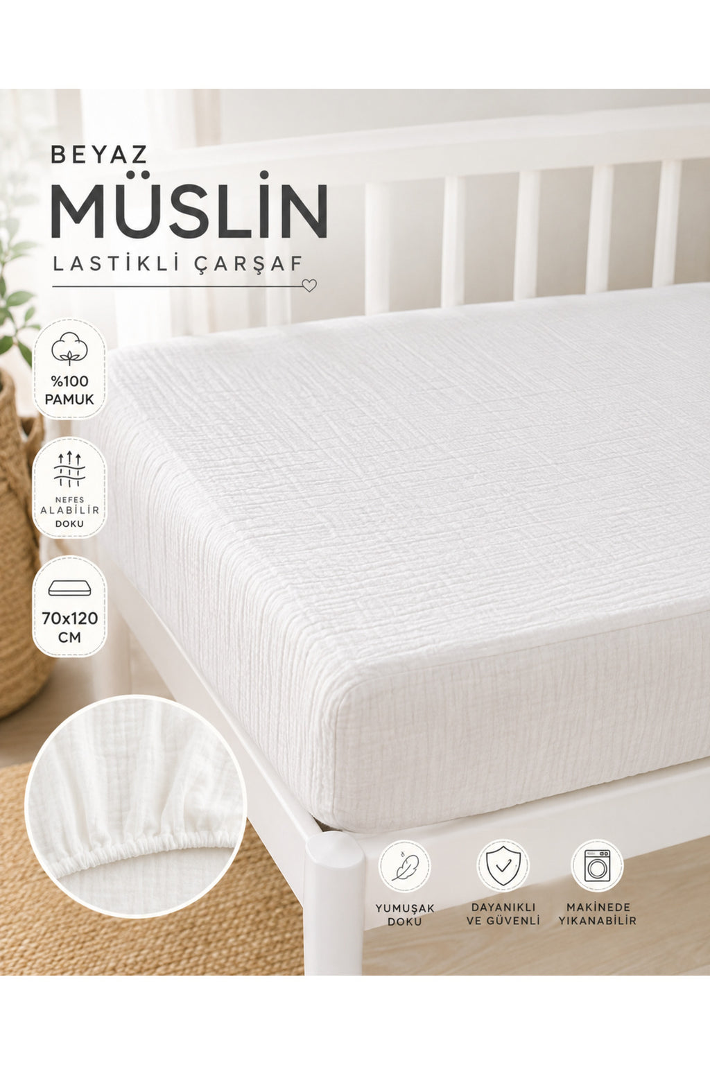 Müslin Lastikli Bebek Çarşafı 70x120 cm [Renk: Beyaz]