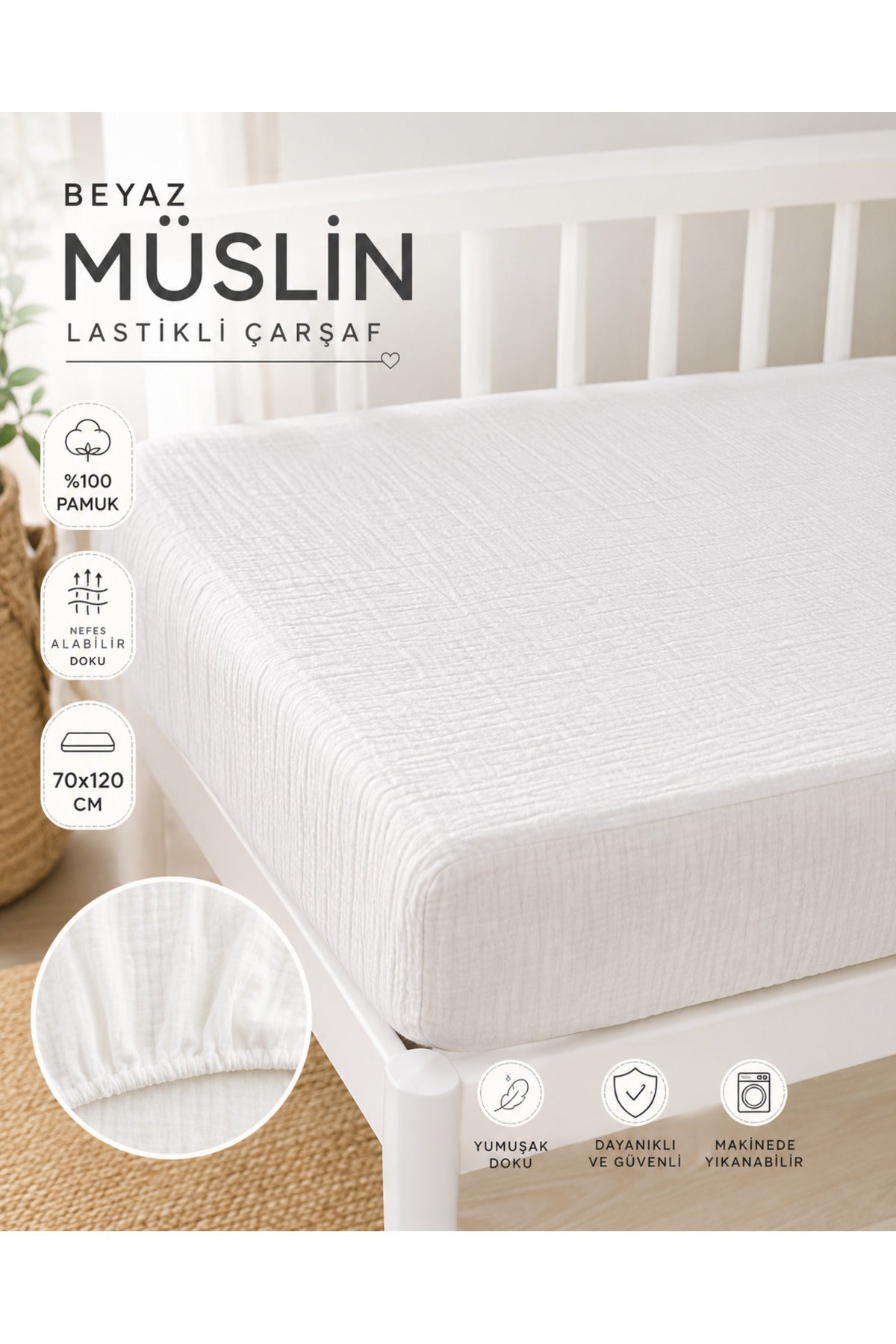 Müslin Lastikli Bebek Çarşafı 70x120 cm [Renk: Beyaz]