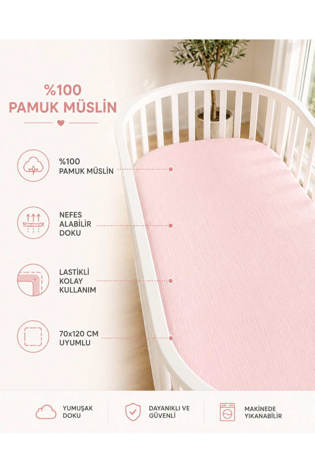 Müslin Lastikli Bebek Çarşafı 70x120 cm [Renk: Pembe]