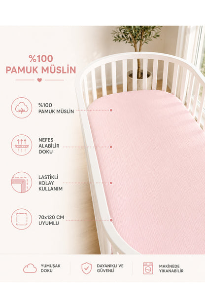 Müslin Lastikli Bebek Çarşafı 70x120 cm [Renk: Pembe]