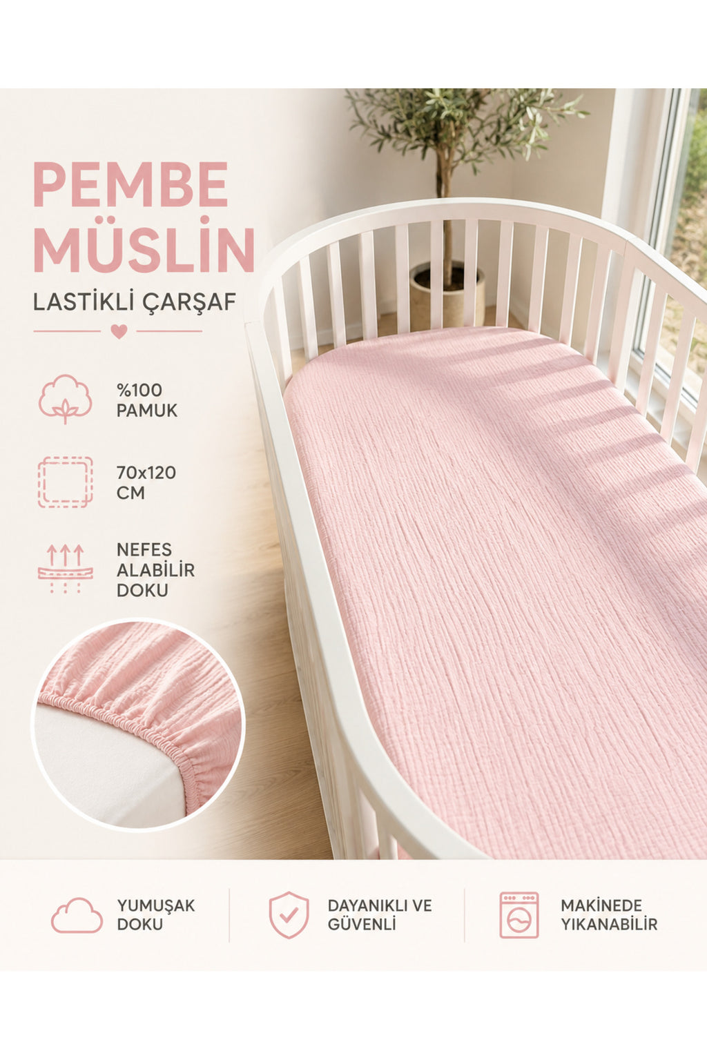 Müslin Lastikli Bebek Çarşafı 70x120 cm [Renk: Pembe]