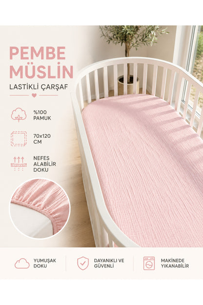 Müslin Lastikli Bebek Çarşafı 70x120 cm [Renk: Pembe]
