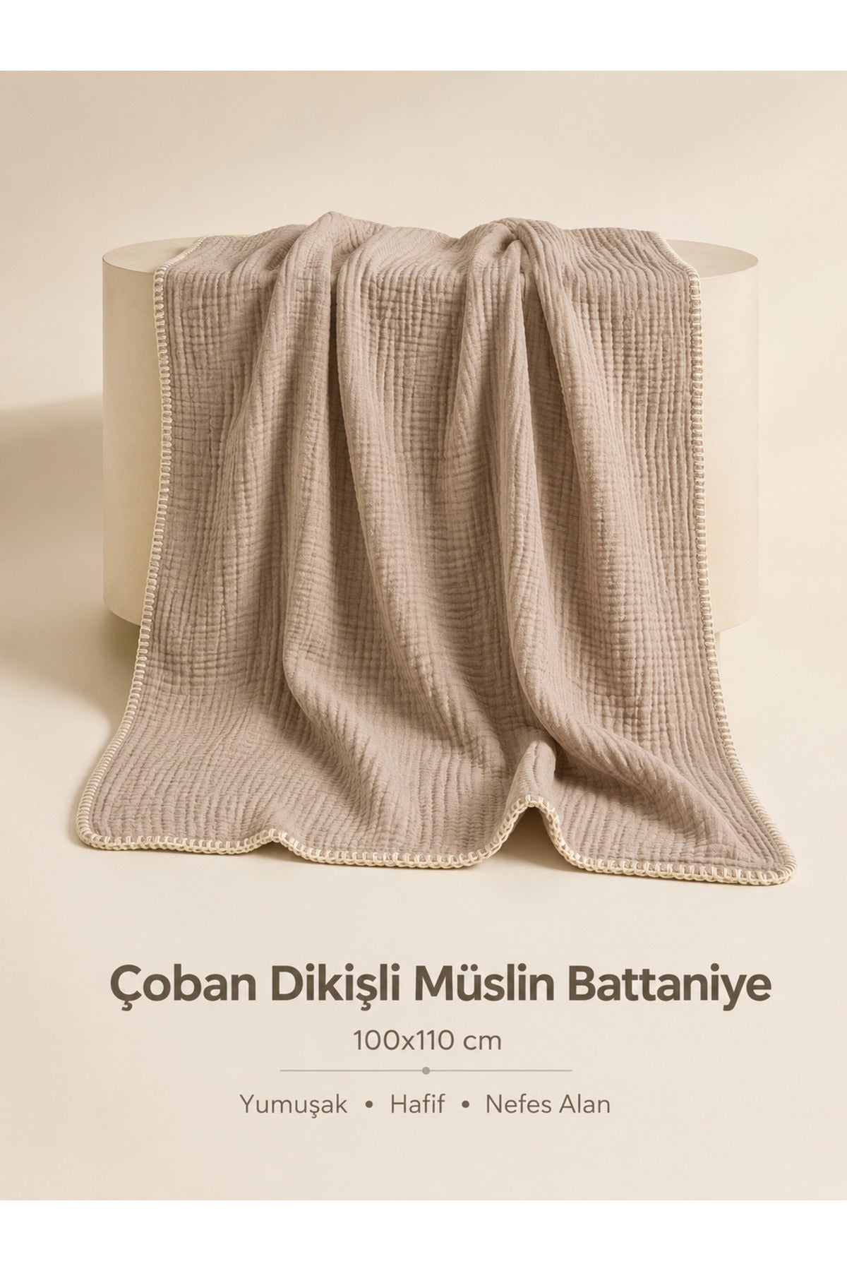 Çoban Dikişli Müslin Bebek Battaniyesi 100x110 cm [Renk: Bej]