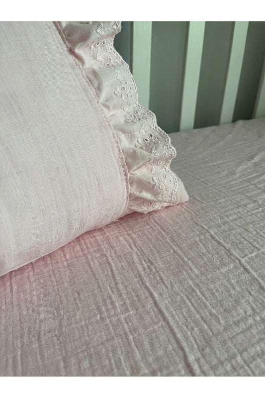 Lüks Fisto İşlemeli %100 Pamuk 2 Katlı Müslin Lastikli Bebek Çarşaf ve Yastık Seti 70x120 CM - Pembe