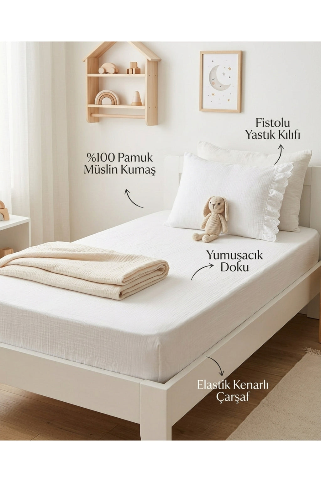 Müslin Lastikli Tek Kişilik Çarşaf Seti 90x190 cm [Renk: Beyaz]