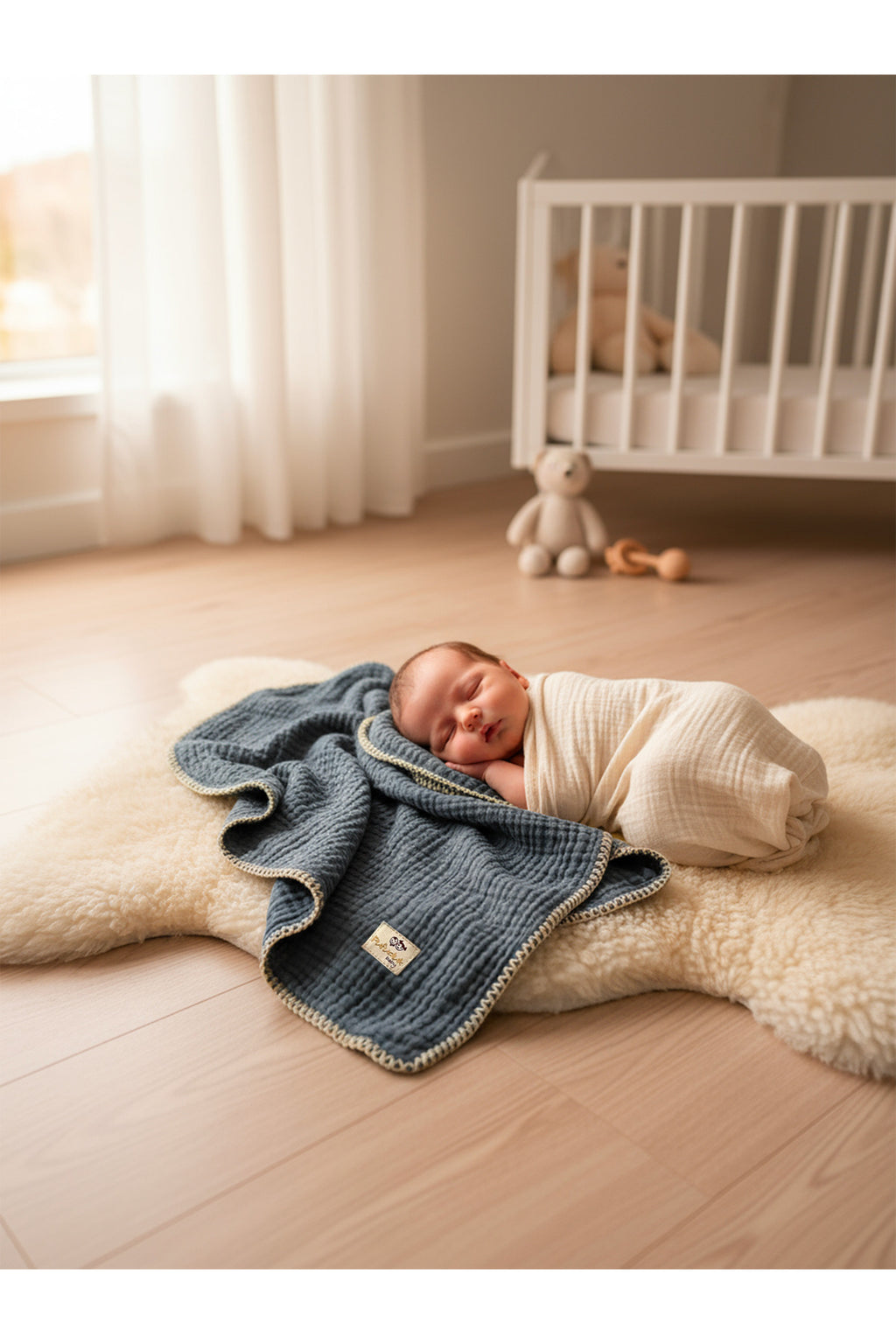 4 Katlı Çoban Dikişli Müslin Bebek Battaniyesi [Renk: İndigo]