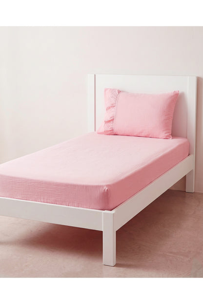 Müslin Lastikli Tek Kişilik Çarşaf Seti 90x190 cm [Renk: Pembe]